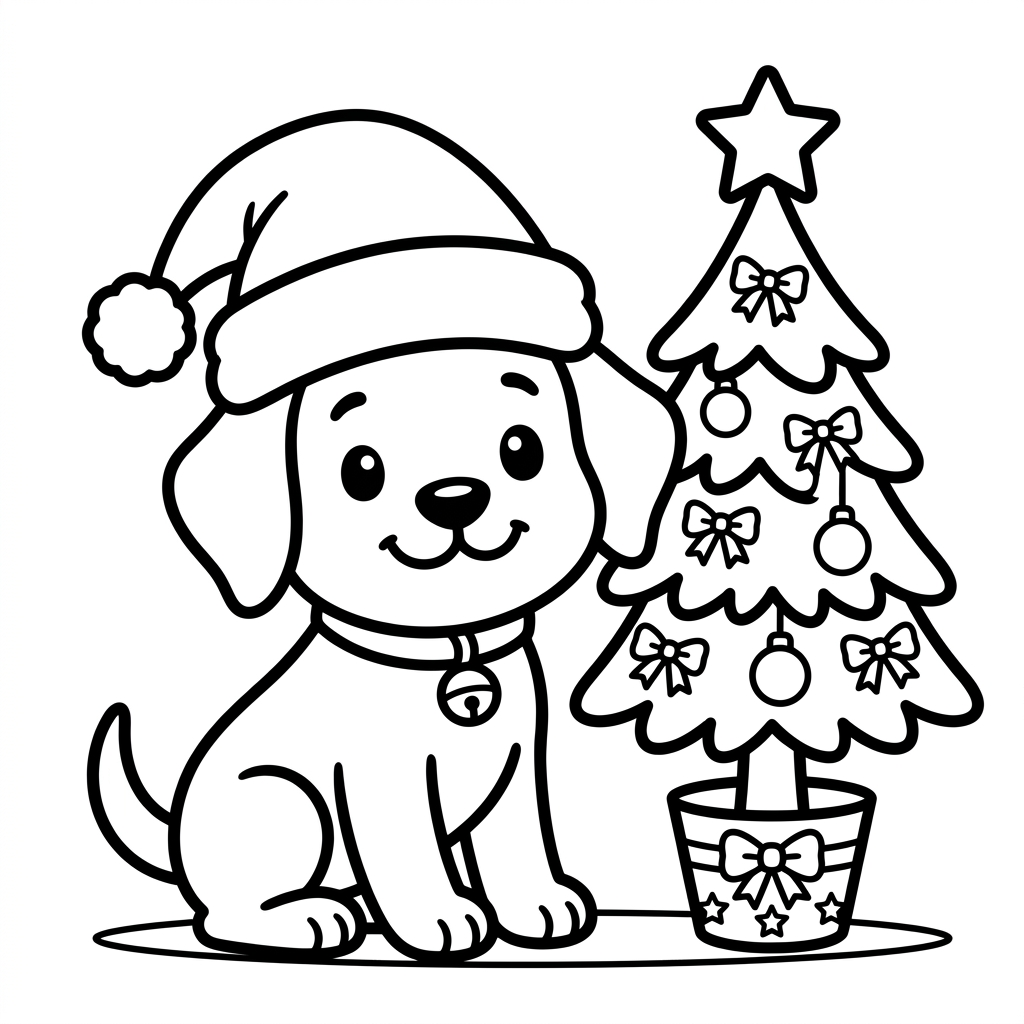 Festive Christmas puppy wearing Santa hat beside holiday tree coloring page