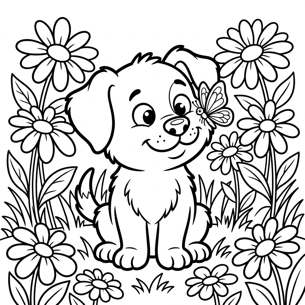 Curious puppy with a butterfly on its nose coloring page for kids