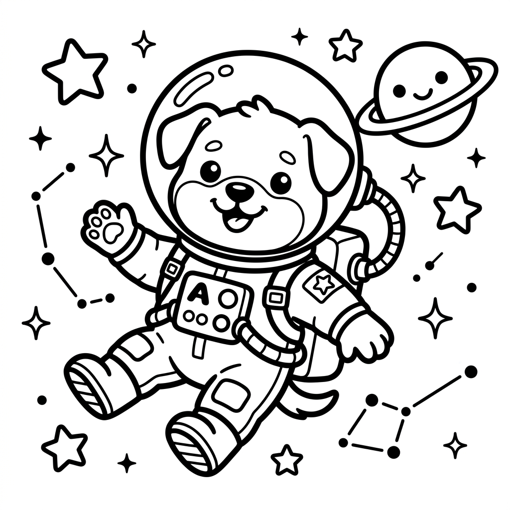 Cute astronaut dog floating in outer space coloring page for kids