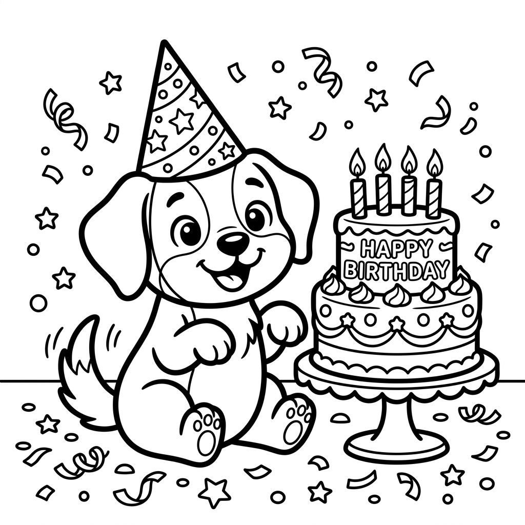 Cute dog celebrating birthday with party hat and cake coloring page