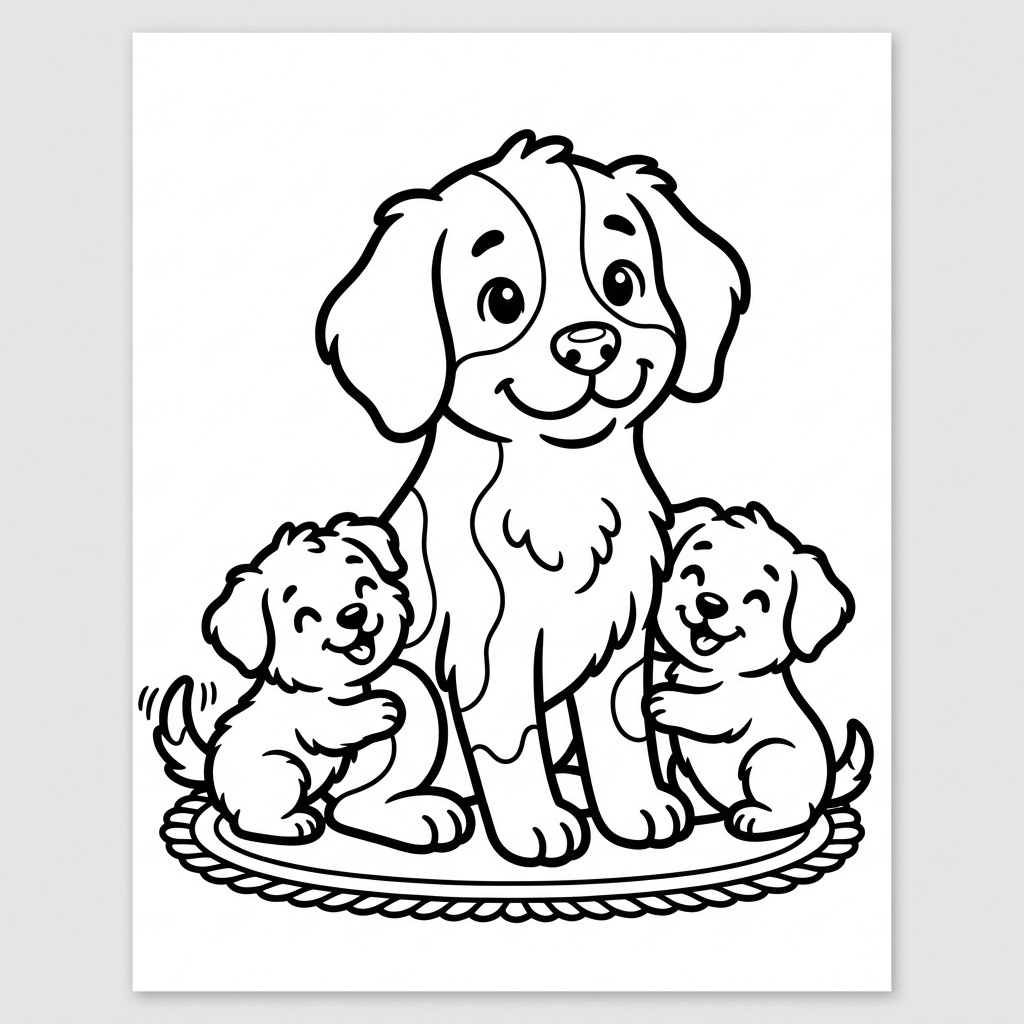 Loving mama dog with two small puppies coloring page for kids