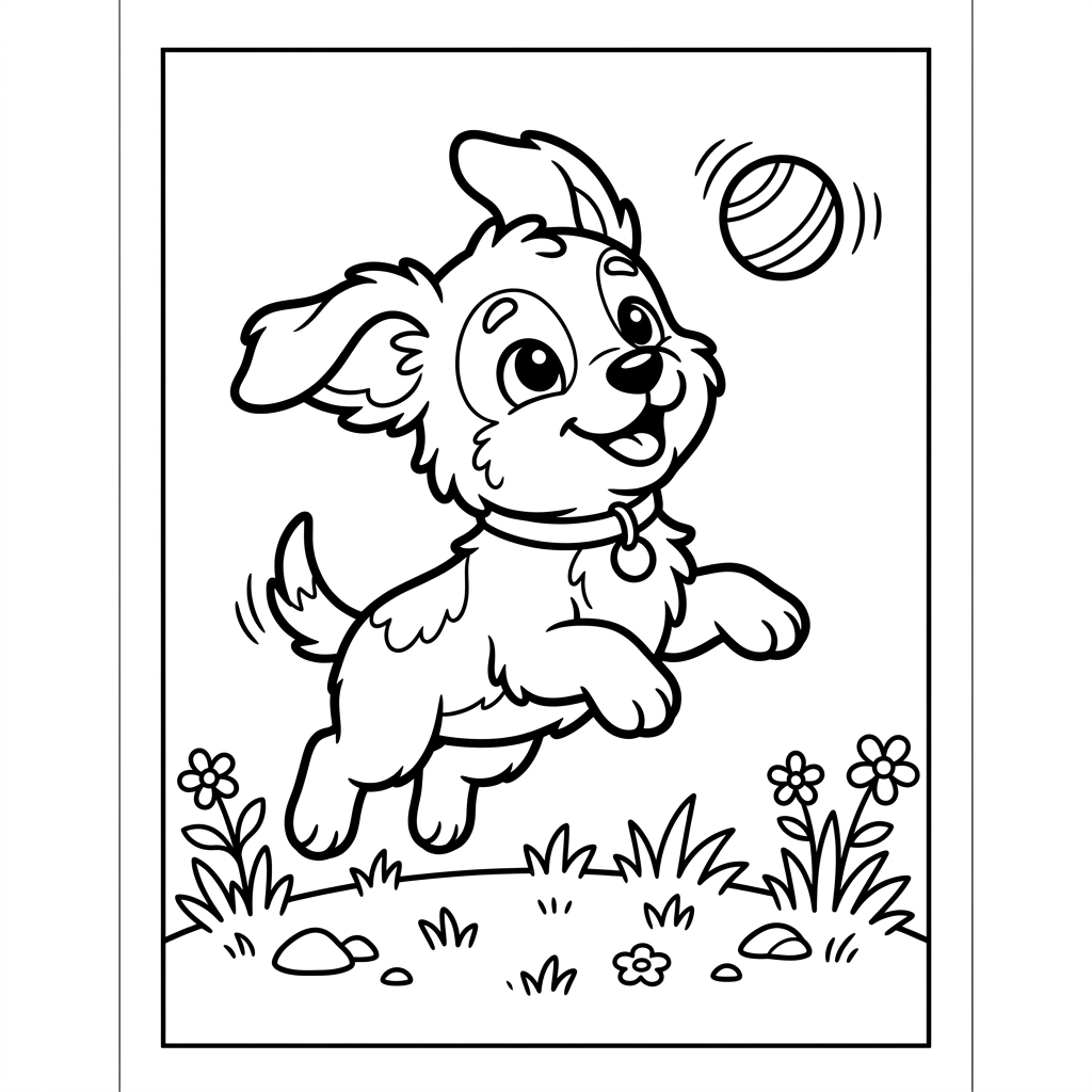Playful dog jumping to catch a ball outdoors coloring page