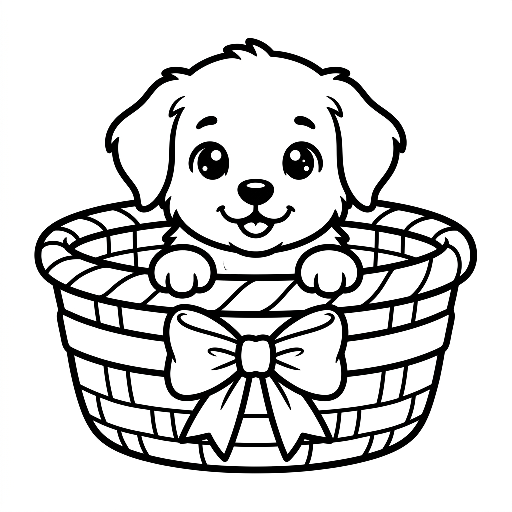 Tiny cute puppy peeking out of a woven basket coloring page
