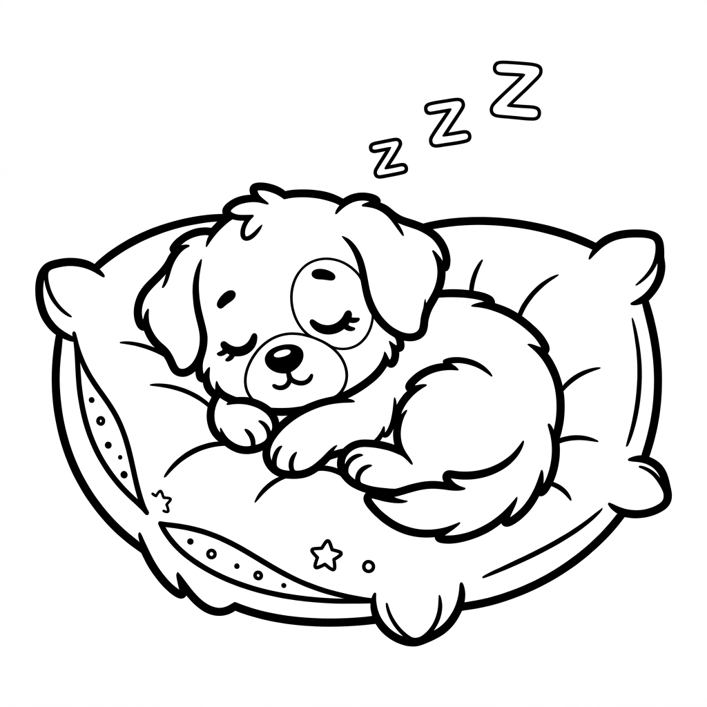 Sleeping dog curled up on a pillow coloring page printable for kids