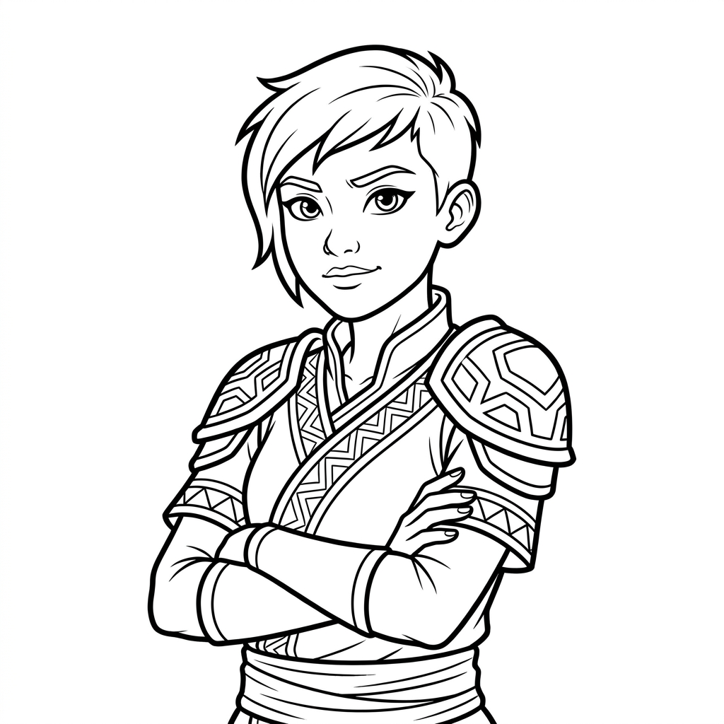 Raya and the last dragon coloring page of a rival female warrior with short hair and confident pose