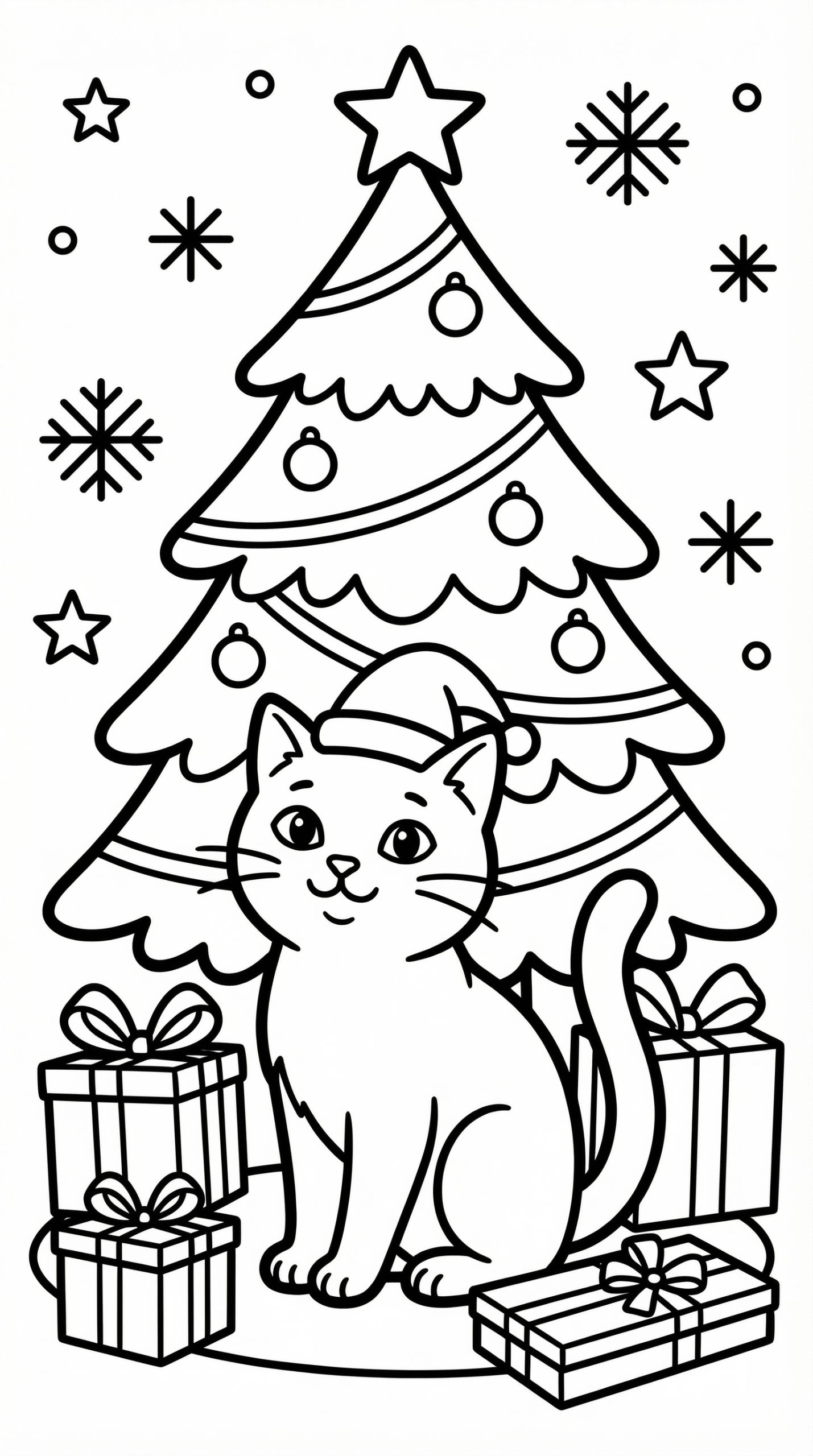 Cat Sitting Under Christmas Tree With Presents Coloring Page