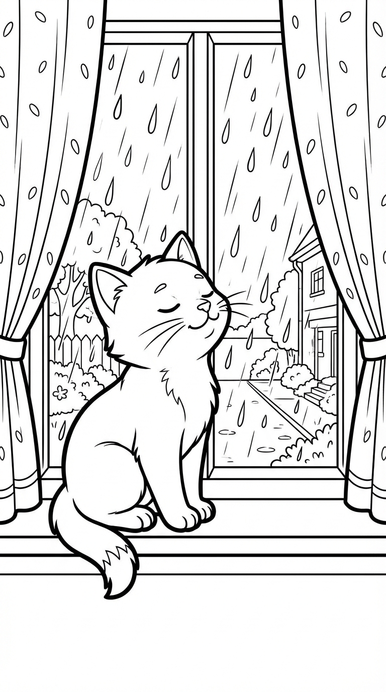 Kitten Sitting On Windowsill Looking Outside Coloring Page