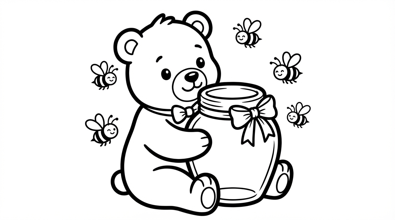 Baby Bear Hugging Honey Jar Coloring Page