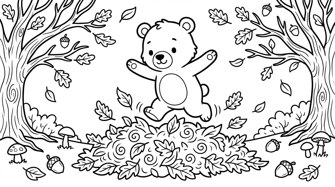 Bear Cub Jumping in Autumn Leaves Coloring Page