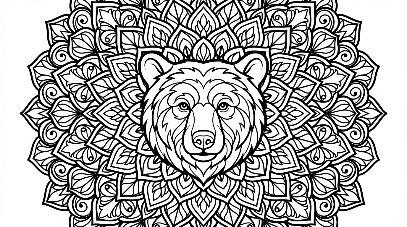 Bear Face Floral Mandala Art Coloring Page