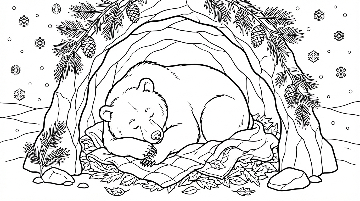 Bear Sleeping Inside Cave Coloring Page