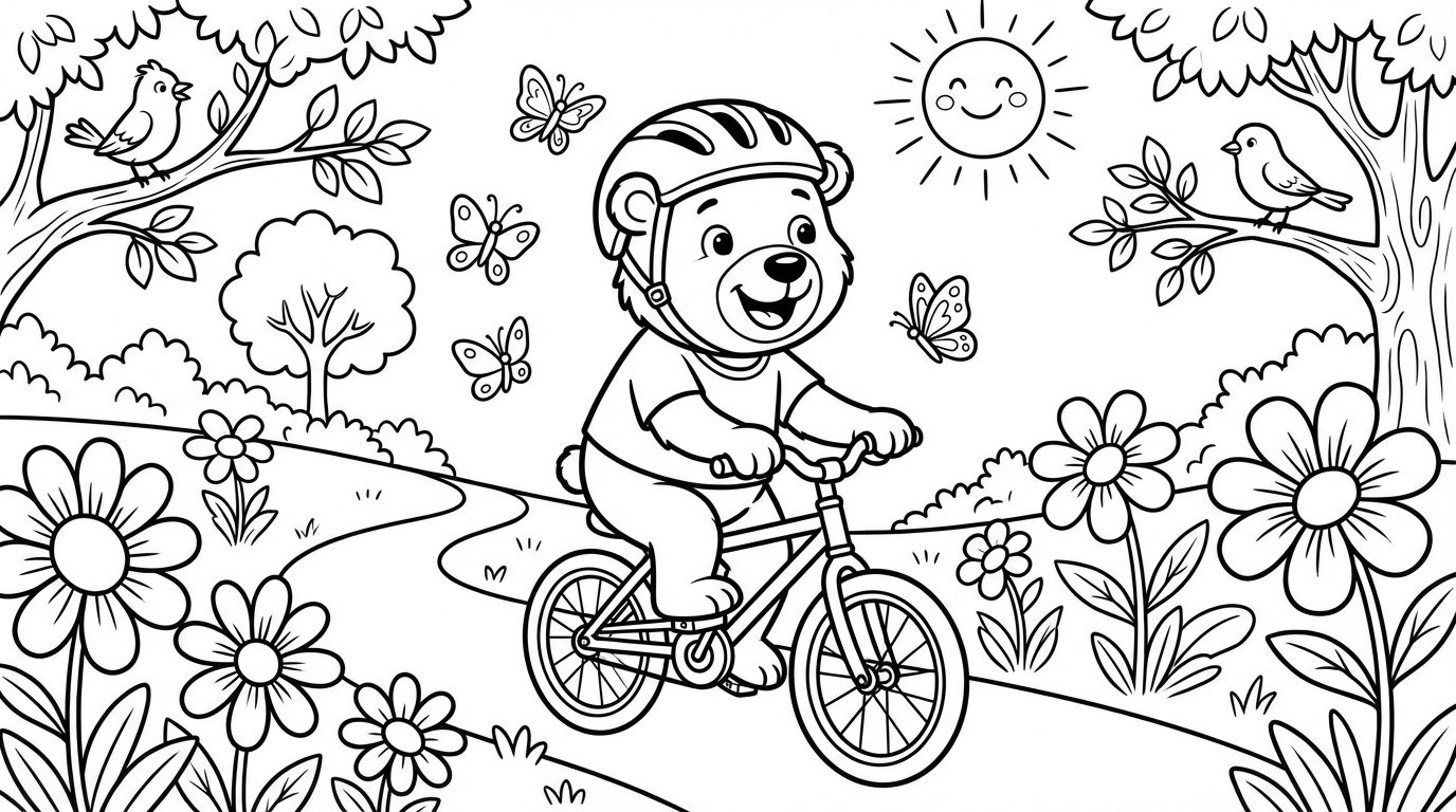 Cartoon Bear Riding Bicycle in Park Coloring Page