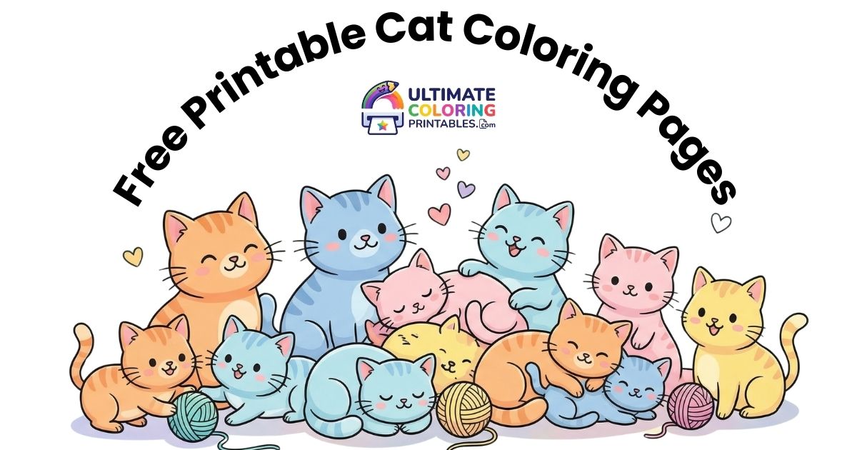 Free printable cat coloring pages for kids featuring cute cartoon cats and kittens on UltimateColoringPrintables.com
