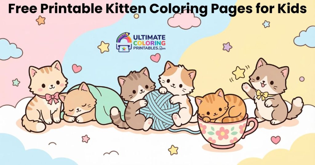 Free printable kitten coloring pages for kids featuring cute kawaii kittens playing sleeping and sitting on UltimateColoringPrintables.com