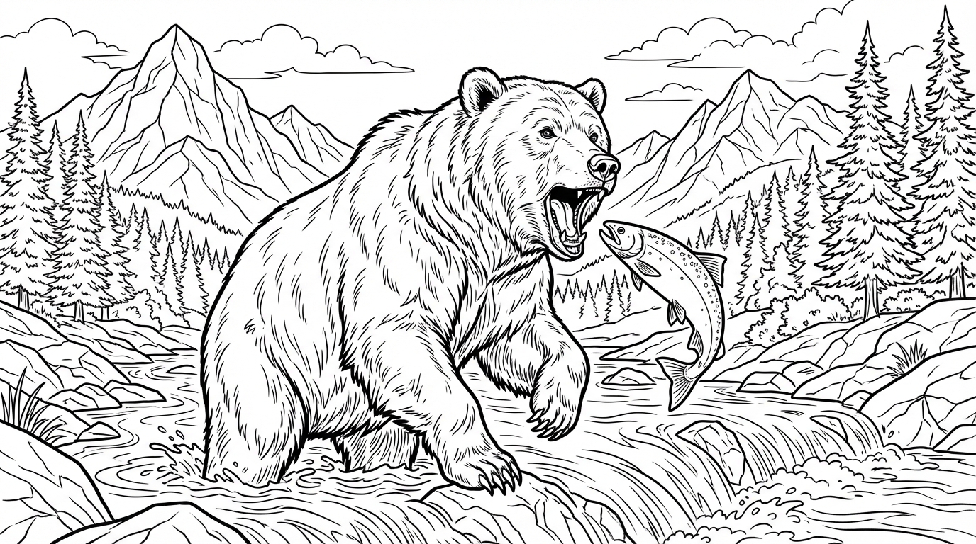Grizzly Bear Catching Salmon in River Coloring Page