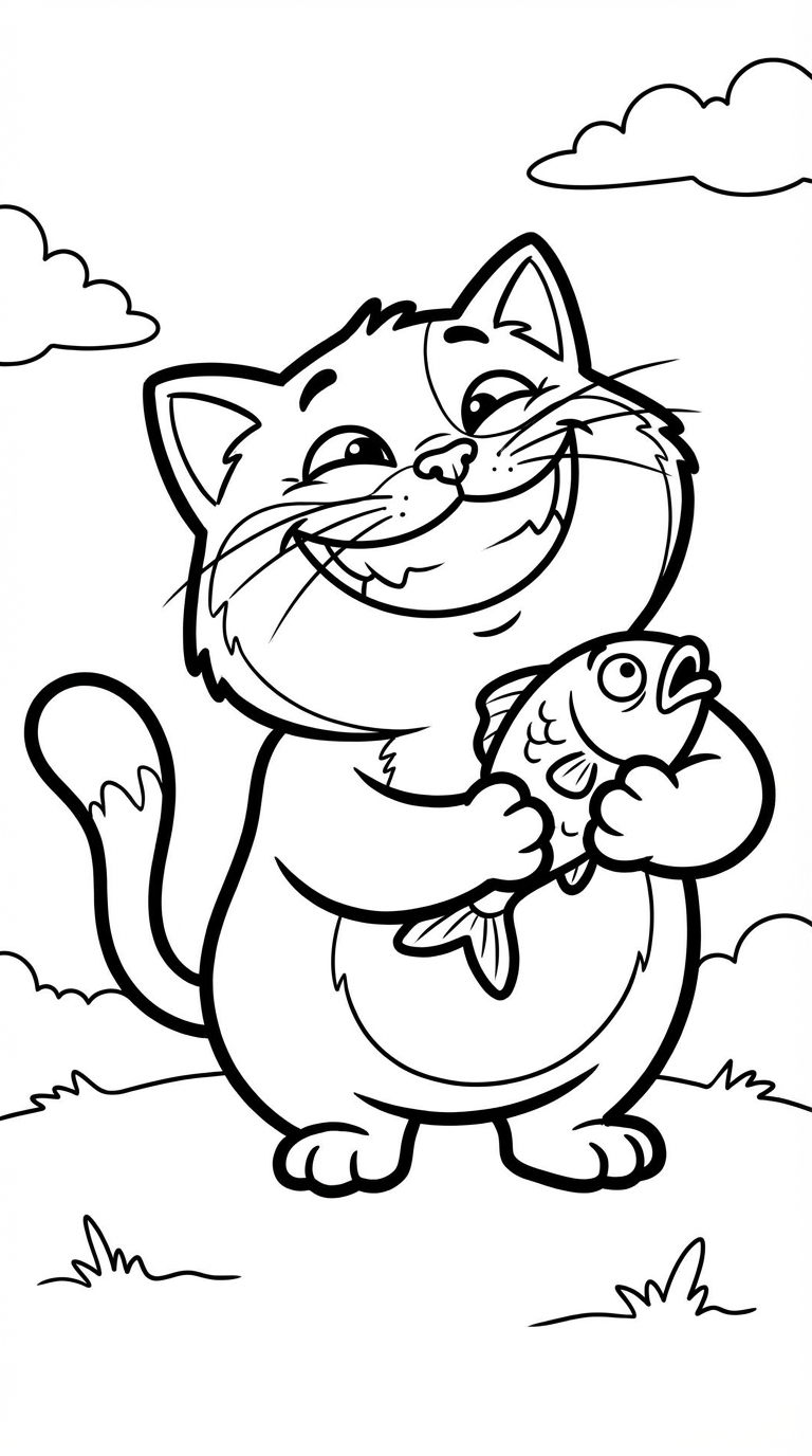 Happy Kitten Holding Fish Coloring Page