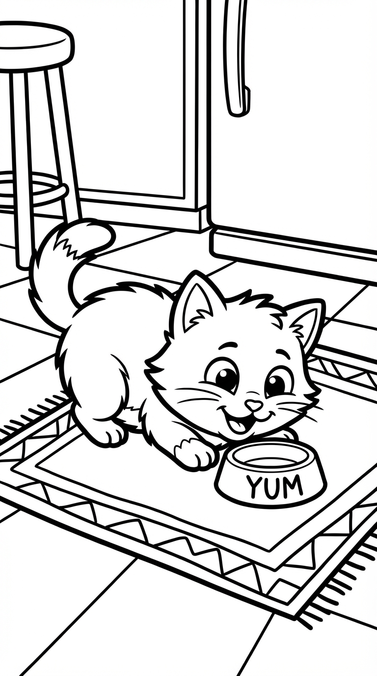 Kitten Eating From Food Bowl Coloring Page