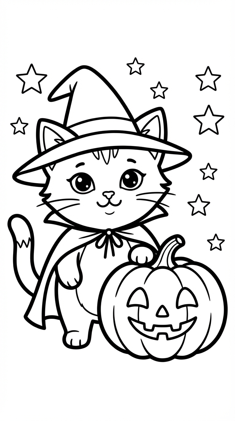 Kitten In Witch Costume With Pumpkin Coloring Page