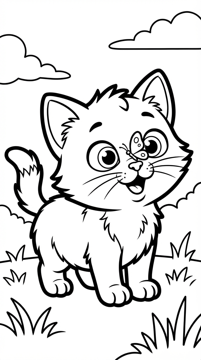 Kitten Looking At Butterfly Coloring Page