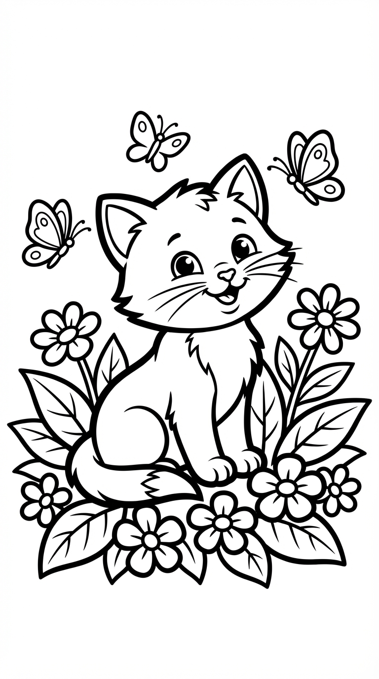 Kitten Sitting Among Flowers Coloring Page