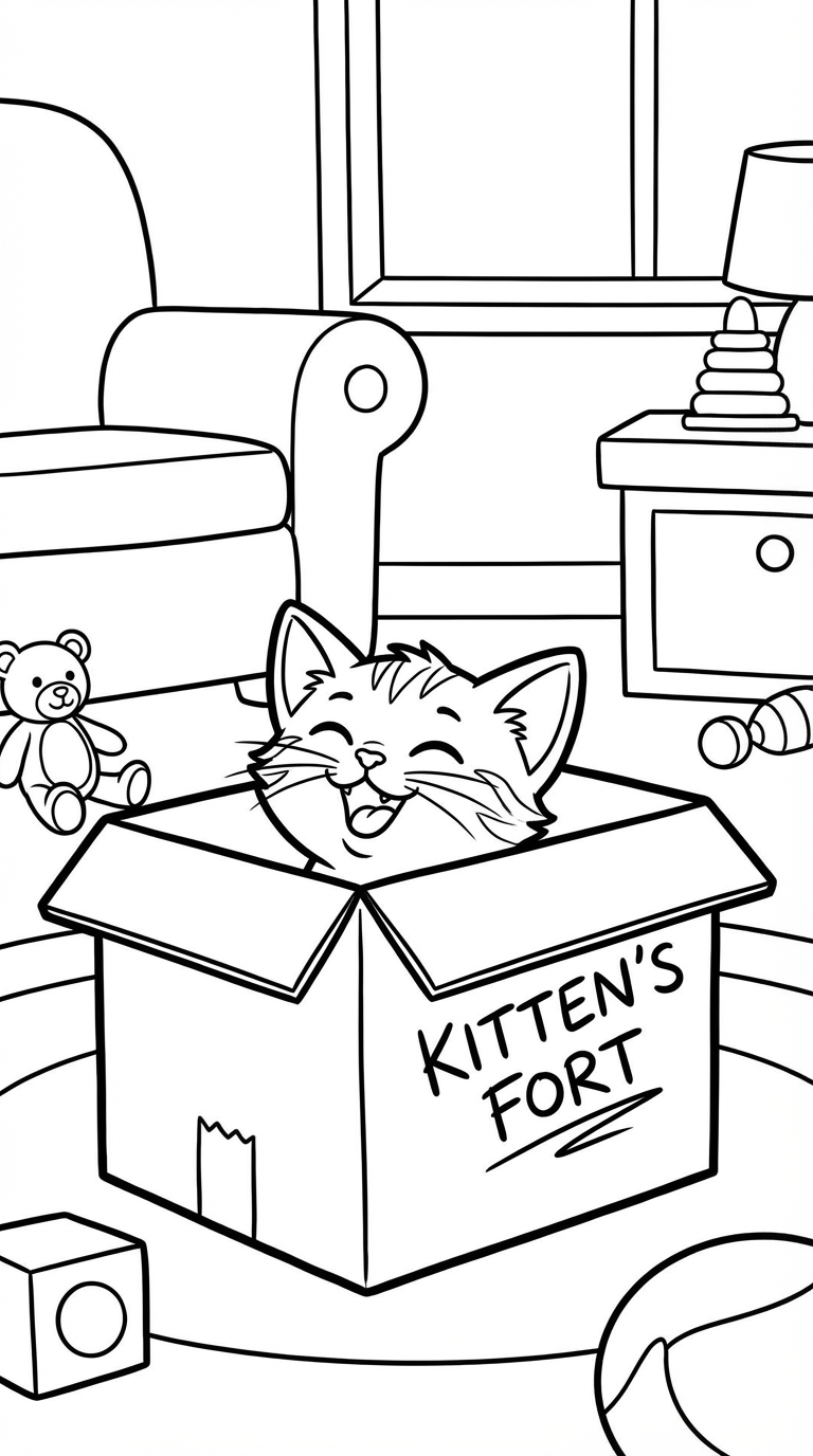 Kitten Sitting In Cardboard Box Coloring Page