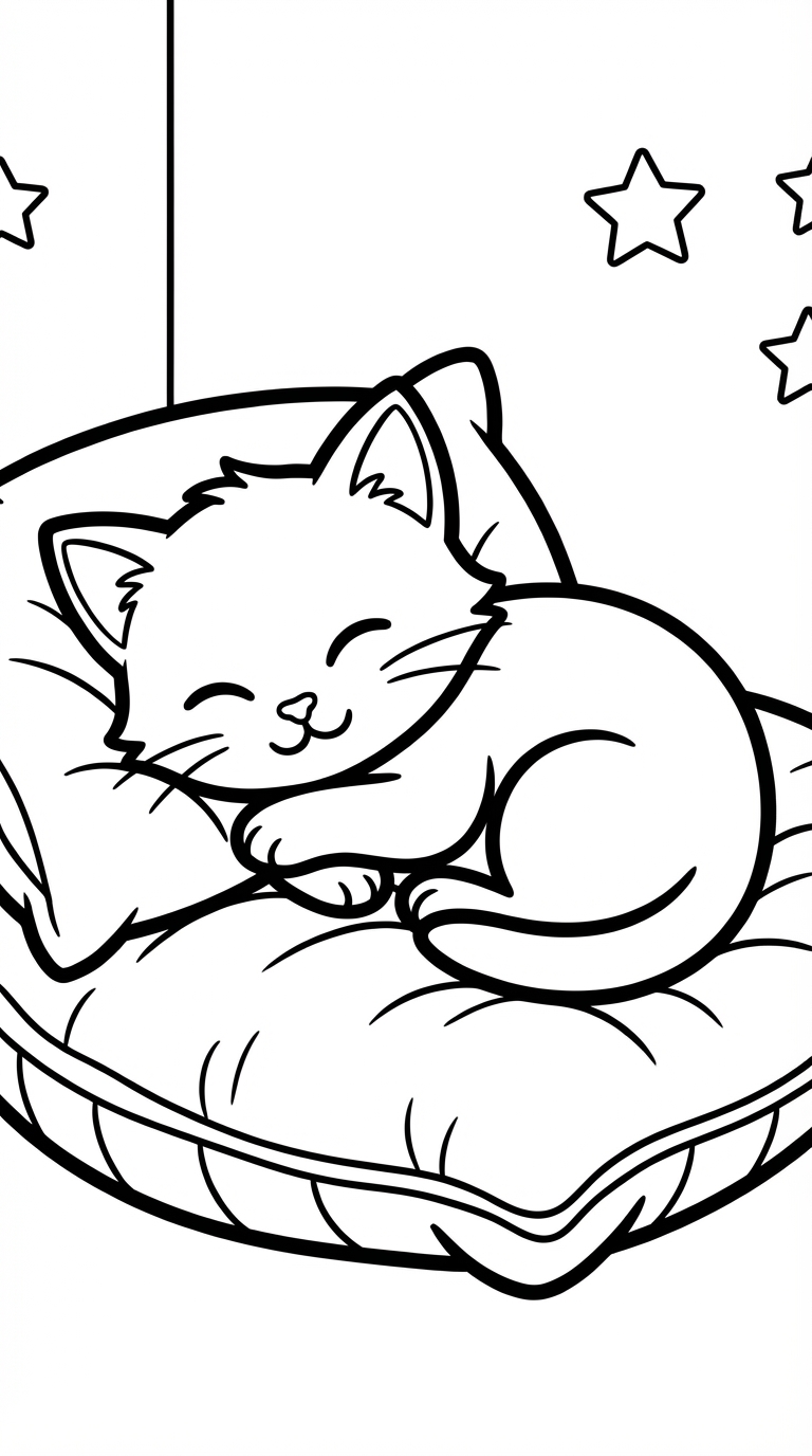 Kitten Sleeping On Pillow Coloring Page