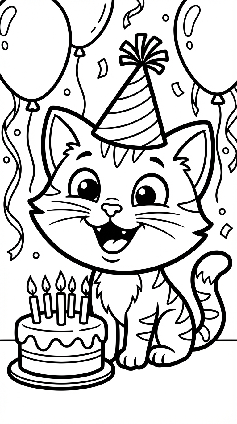 Kitten Wearing Birthday Hat With Cake Coloring Page