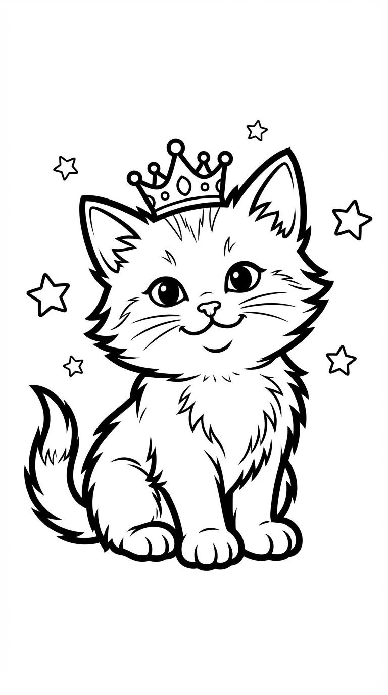 Kitten Wearing Crown With Stars Coloring Page