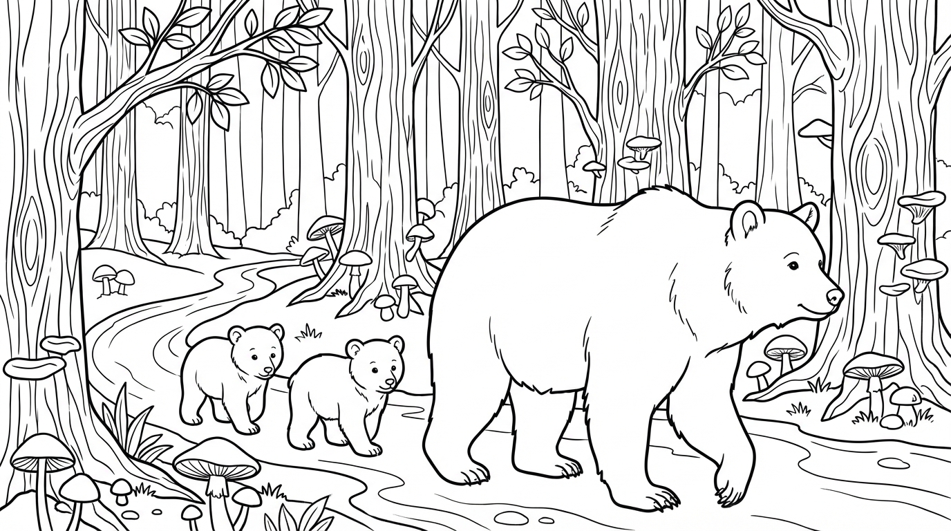 Mother Bear With Cubs Walking Coloring Page
