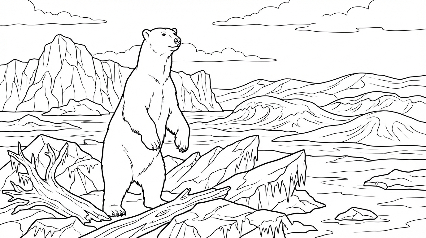 Polar Bear Standing on Shoreline Coloring Page