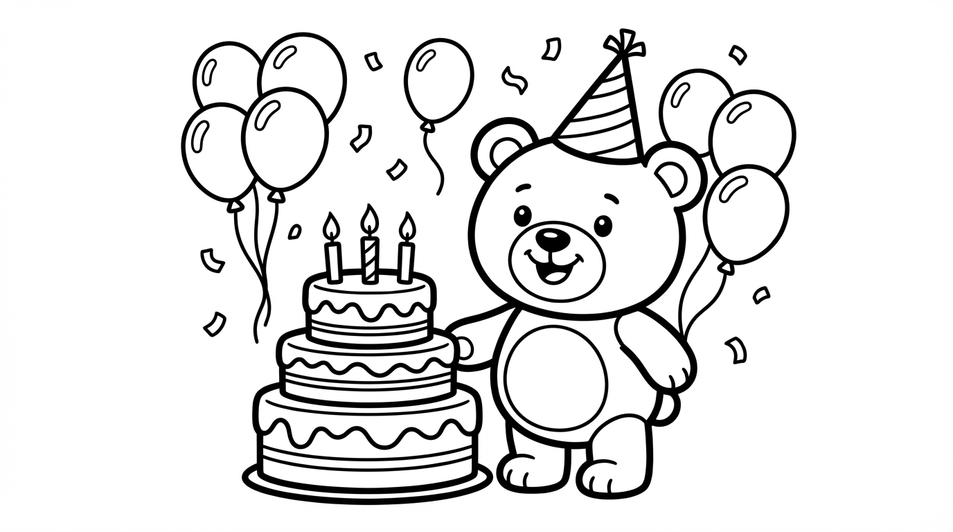 Teddy Bear Birthday Cake Balloons Coloring Page