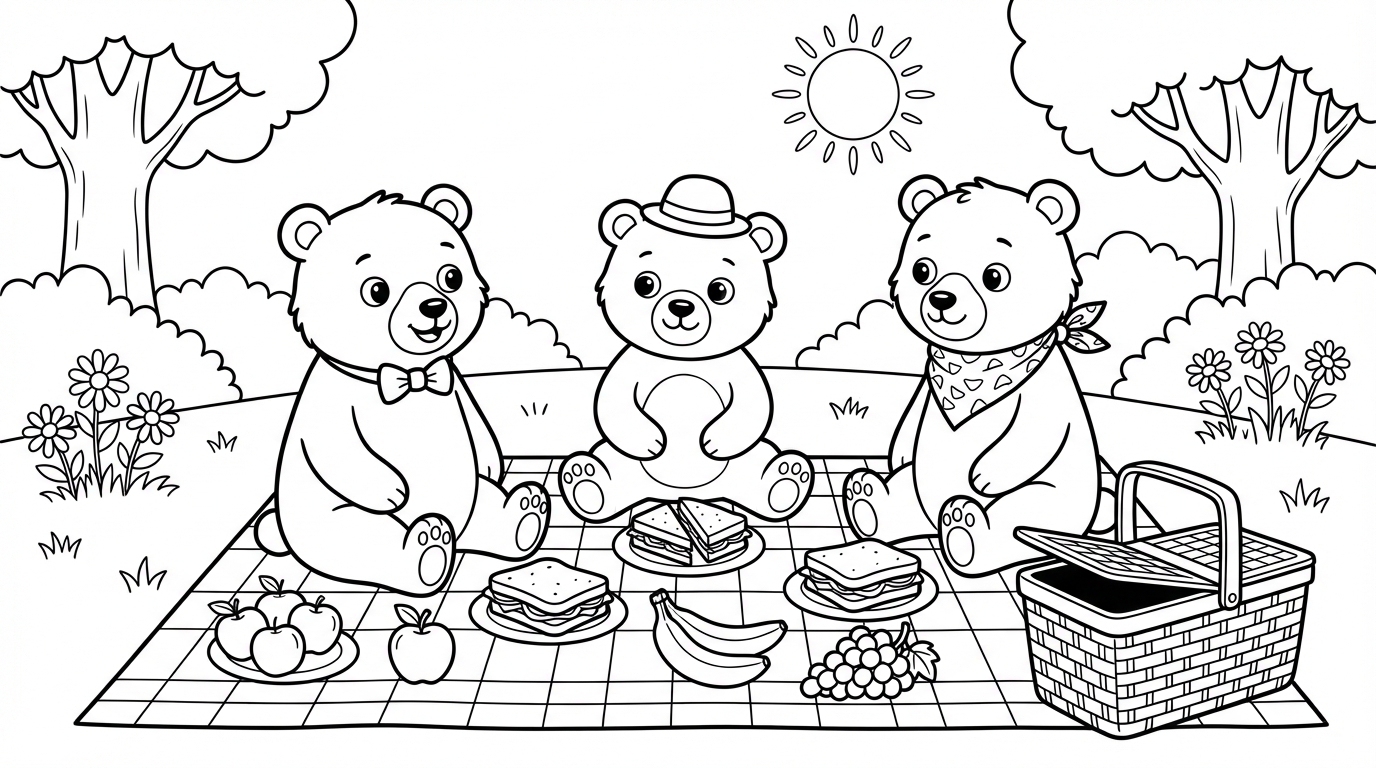Three Cartoon Bears Picnic Coloring Page